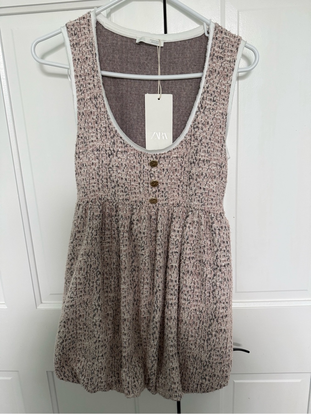 Zara Blush Tweed Tank Dress with Button Front